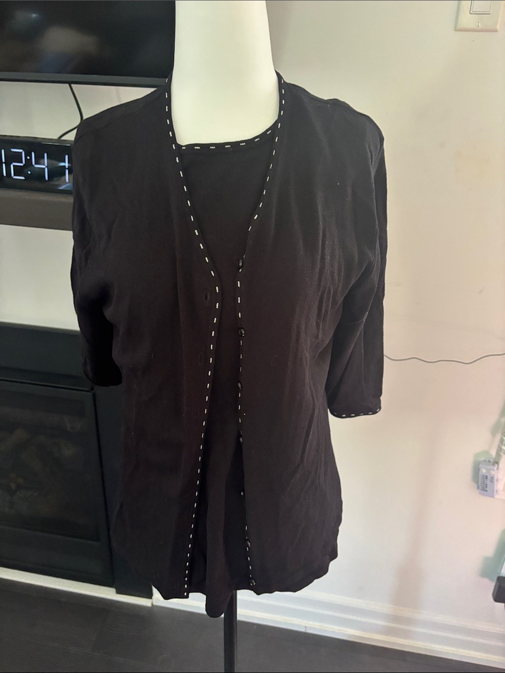 Vintage Black Open Front Cardigan with Contrast Stitching